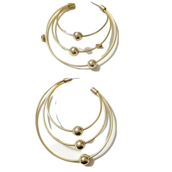 Gold Tone Hoop Earrings Triple Circle Dangle New - Picture 2 of 5